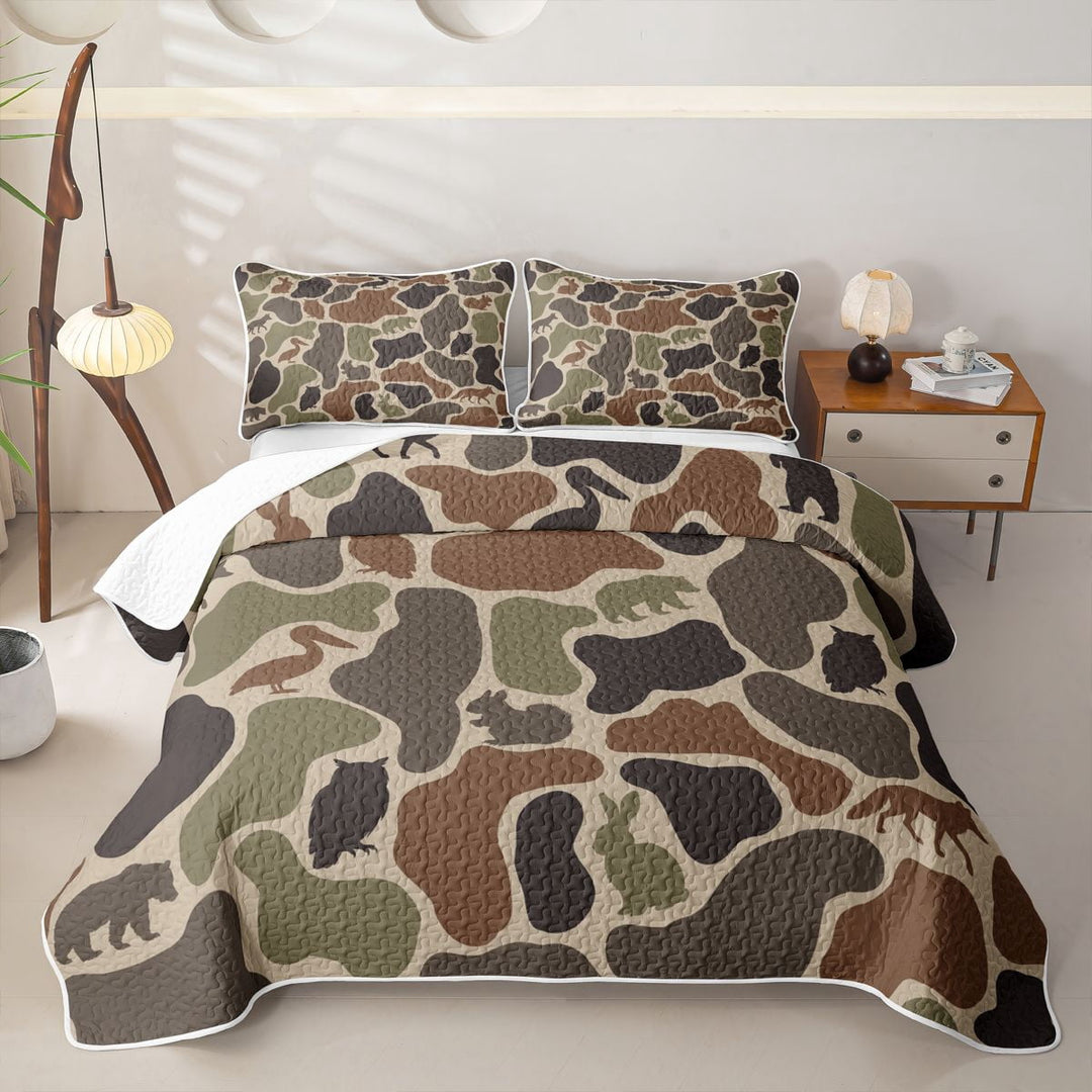 Manfei Vintage Camo Twin Quilt Set,Woodland Bear Twin Coverlet Set,Brown Green,2pcs