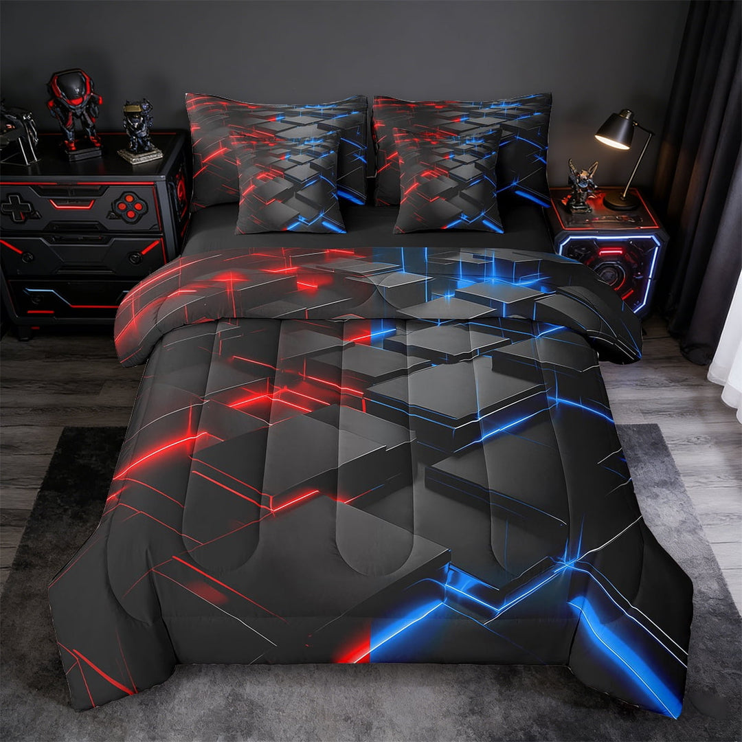 Erosebridal Geometry Geometric Bedding Sets Twin Size,Black Check Comforter Sets with Sheets,Red Blue Light Bed in a Bag Twin Size,Lightweight Bedroom Decorative Reversible,7-Piece