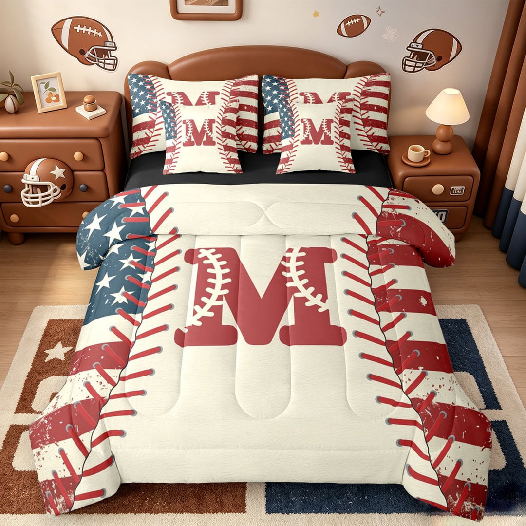 jejeloiu Baseball Sport Theme 7 Pieces Bedding Comforter Set,Pink Letter M Full Bedding Set For Boys Teens Reversible