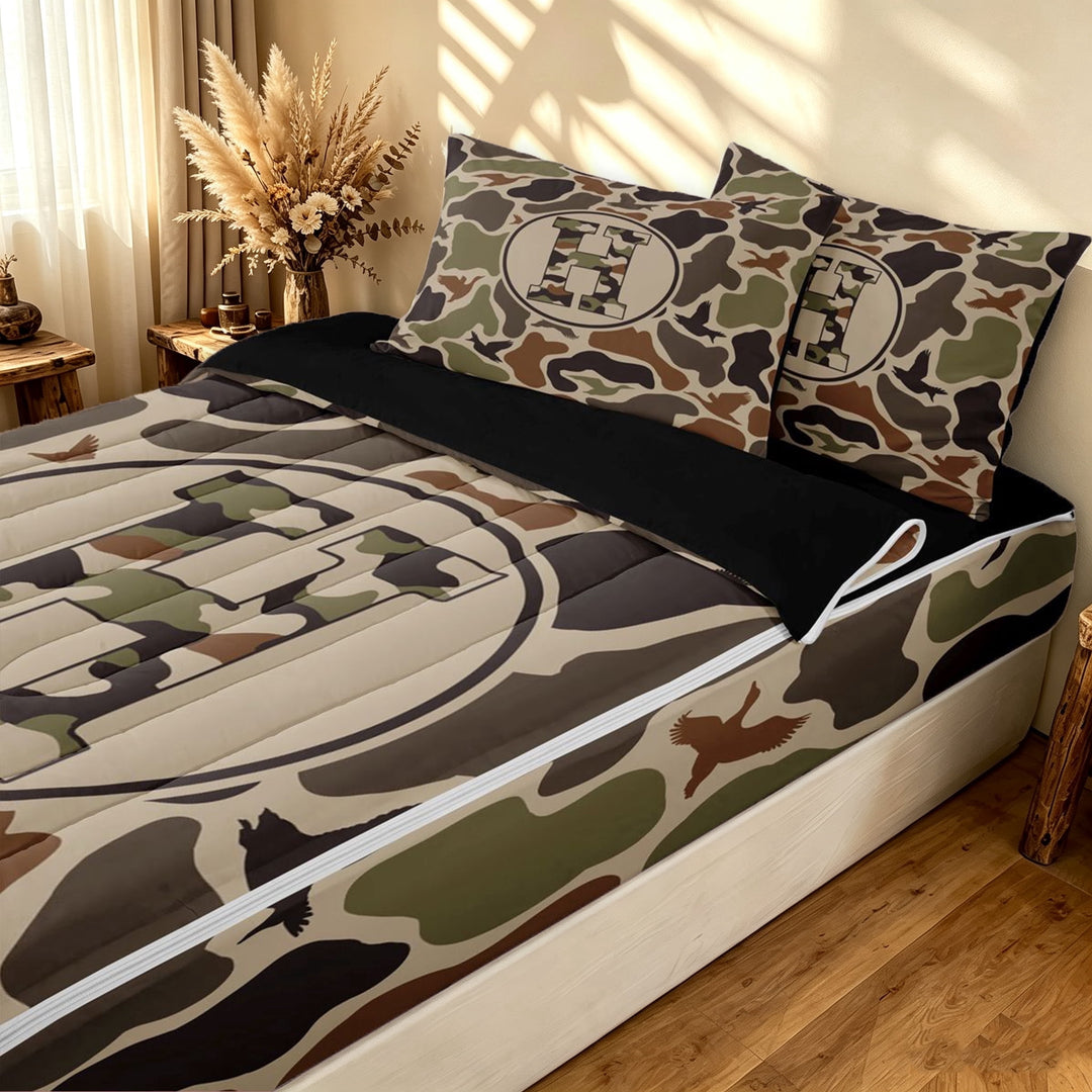 meiyoeat Green Rustic Camo Letter Zipper Twin Comforter Sets with Fitted Sheet and 2 Pillowcases for Men Boys, Wildlife Duck Print Zipper Bedding Set, Black Reversible, 4pcs