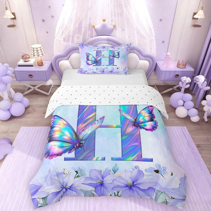 Erosebridal Purple Butterfly Twin Bedding for Girls, Garden Flower Floral Duvet Cover Set, Initial H, Reversible, 1 Duvet Cover and 1 Pillowcase (No Comforter)