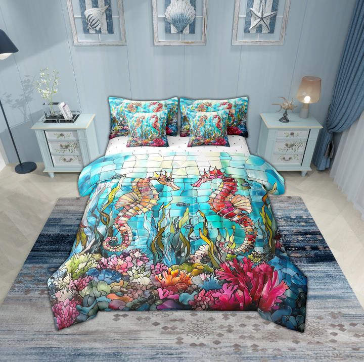 Erosebridal Teenager Seahorse Bedding Sets Twin Size,Marine Animal Comforter Sets with Sheets,Ocean Theme Decor,Reversible,Breathable,7pcs