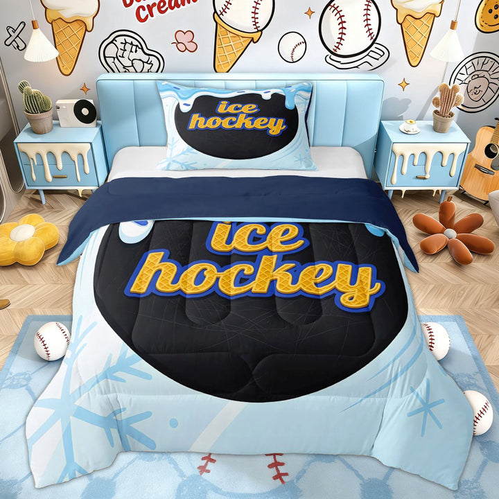 Erosebridal Blue Ice Hockey Twin Comforter Sets for Kids, Snowflake Ice Cream Bedding Set, 2-Piece
