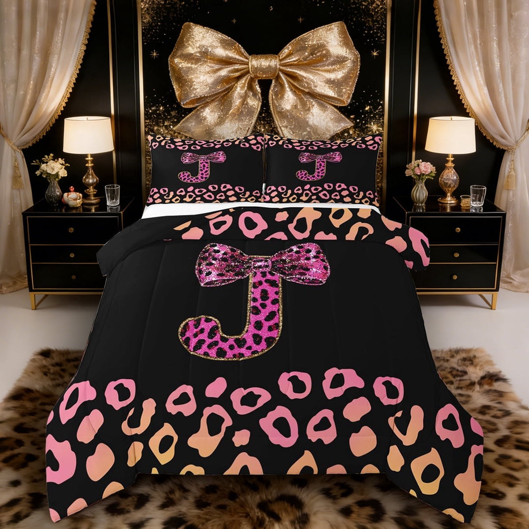 Erosebridal Personalized Initial J Full Size Comforter Sets 3 Pieces for Teens Women,Girls Cheetah Print Bow Knot Bling Glitter Print Bedding Sets,Black Reversible,Breathable Home Decor