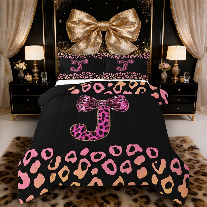 Erosebridal Personalized Initial J Full Size Comforter Sets 3 Pieces for Teens Women,Girls Cheetah Print Bow Knot Bling Glitter Print Bedding Sets,Black Reversible,Breathable Home Decor