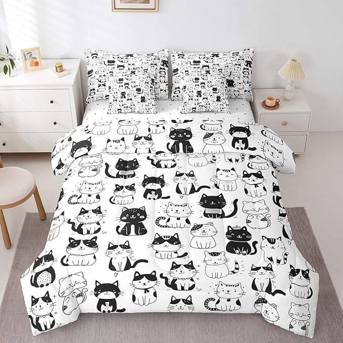 Erosebridal Cat Twin Comforter Set with Sheets 7 Pieces White Black Cats Print Bedding Set Teens Decor Animal Bed in a Bag Cute Kitten Bed Set Bedroom Cartoon