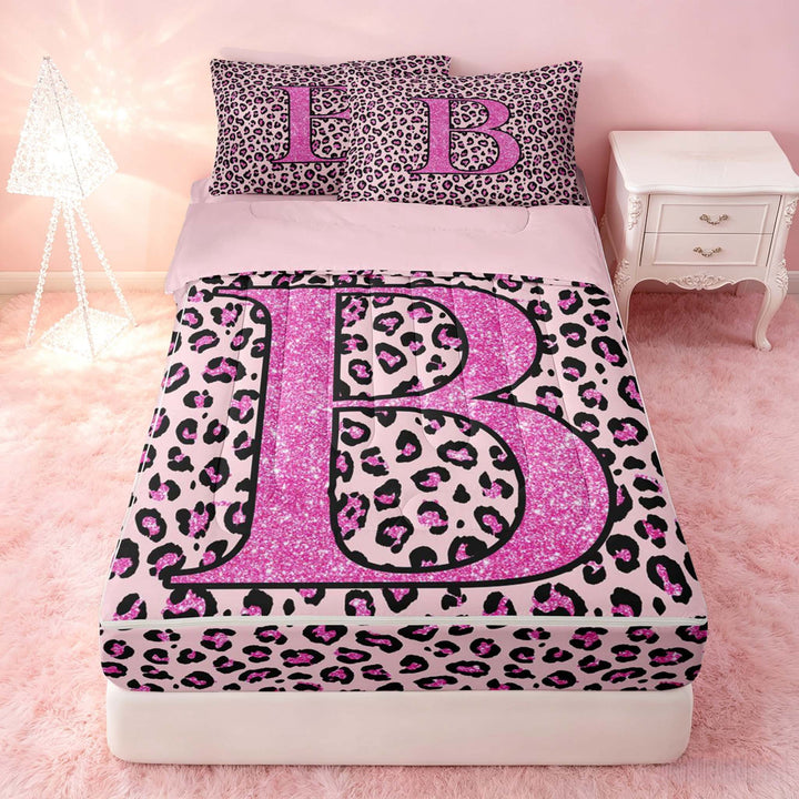 meiyoeat Glitter Leopard Print Letter B Zipper Full Size Comforter Sets with Fitted Sheet and 2 Pillowcases, Girls Teens, Pink Sparkle Monogrammed Zipper Bedding Set, Pink Reversible