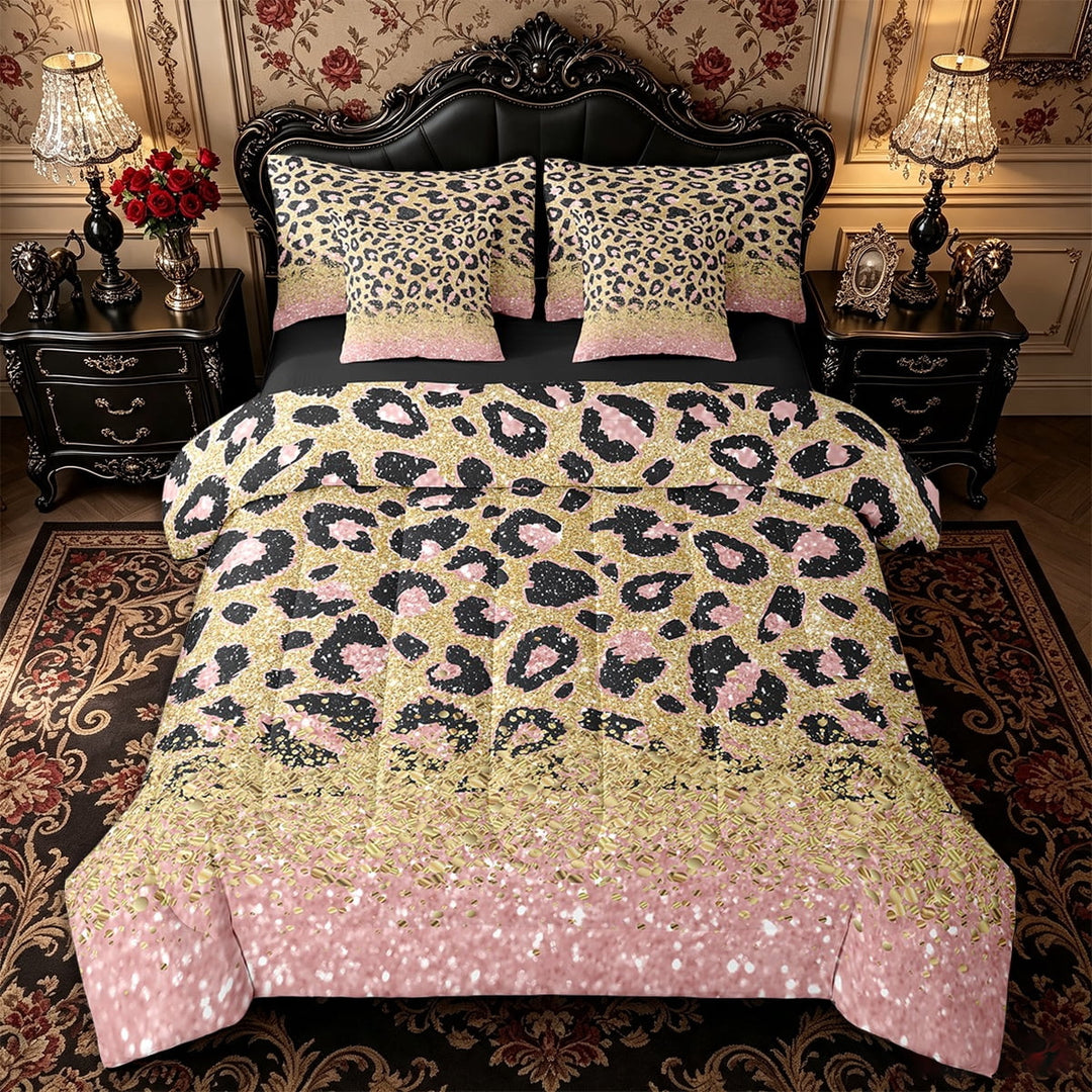 Erosebridal Pink Leopard Print Comforter Set 7 Piece Bed In A Bag Twin,Gold Sequins Print Sheet Set With Comforter,Cheetah Print Bedding Set,African Animals Bed Set Big Cat Spot Western Decor