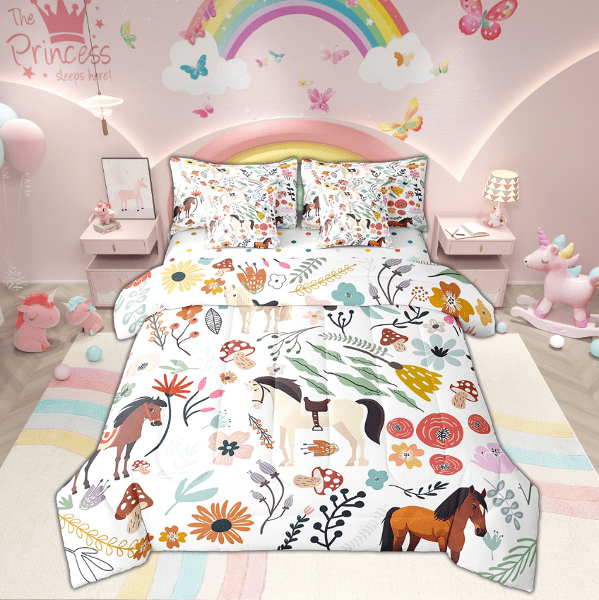 Western Horse Comforter Set 7 Piece Bed in a Bag Twin,Mushroom Floral Cartoon Animal Bedding Sets Watercolor Flowers Leaves Sheet Set with Comforter