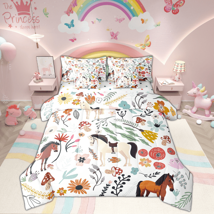 Western Horse Comforter Set 7 Piece Bed in a Bag Twin,Mushroom Floral Cartoon Animal Bedding Sets Watercolor Flowers Leaves Sheet Set with Comforter