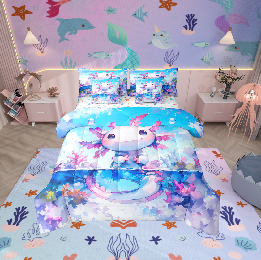 Erosebridal Kawaii Axolotl Bedding Sets Twin Size,Pink Blue Comforter Sets with Sheets,Cartoon Animal Bed in a Bag Twin size,Super Cozy Teenager Bedroom Decor,Reversible,7-Piece