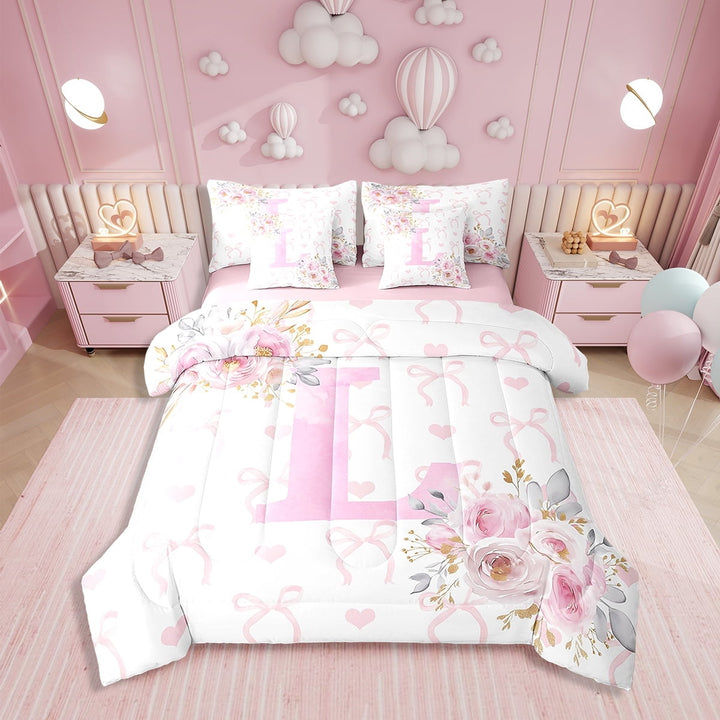 Erosebridal Initial L Letter Bedding Twin Size, Floral Monogrammed Bed in a Bag Twin size, Initial A-Z Decor, Reversible