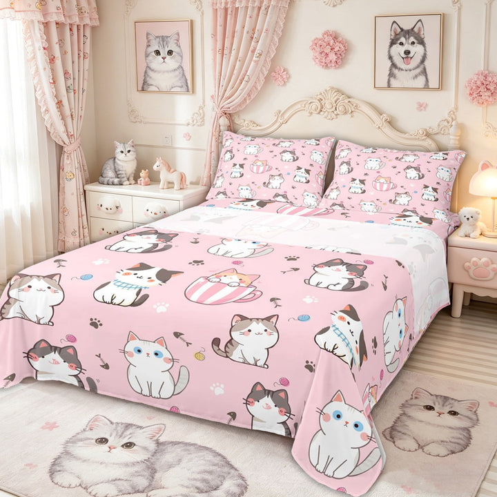 meiyoeat Pink Kawaii Cat Bed Sheets for Kids Girls, Cute Kitten Animal Full Size Sheets, 4pcs