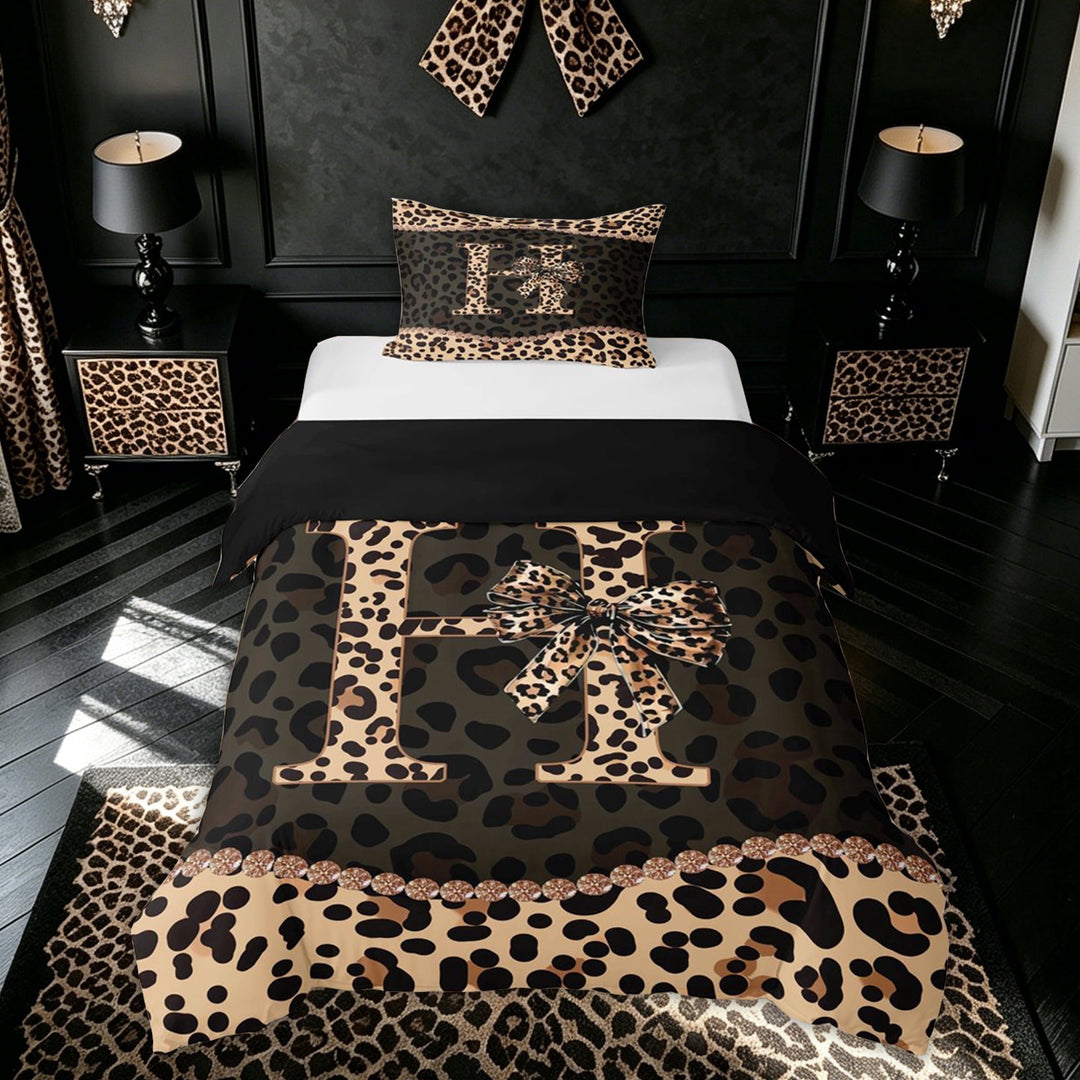 meiyoeat Leopard Print Letter Bedding for Girls, Bow Diamond Duvet Cover Full, Brown Black, Black Reversible, 3 Pieces, 1 Duvet Cover and 2 Pillowcases