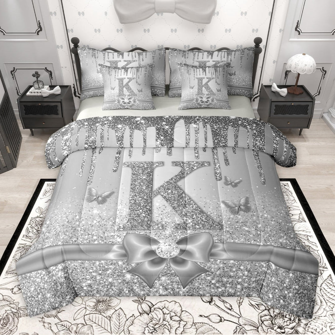 Manfei Letter Monogrammed K 7-Piece Twin Bedding Sets for Kids Children Girls,Dreamy Princess Bedding Comforter Set,Cute Butterfly Bowknot Breathable Sheet Sets,Bling Glitter Bedroom Decor