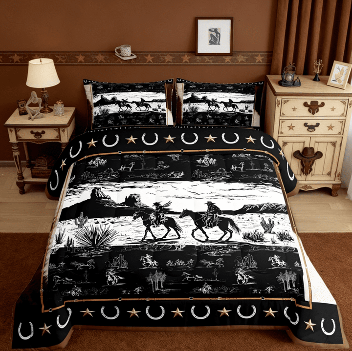 Manfei Western Aztec Full Size Comforter Sets, Horse Cowboy Rustic Wild Animal Bedding Sets For Men Women 3-Piece