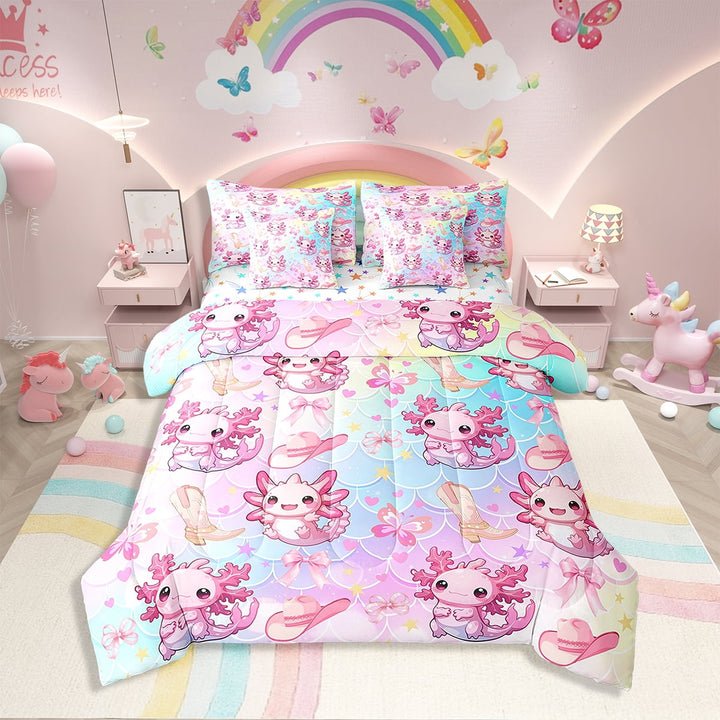 Erosebridal Pink Axolotl Bedding Sets Twin Size 7-Piece, Cute Rainbow Comforter Sets with Sheets , Stars Reversible