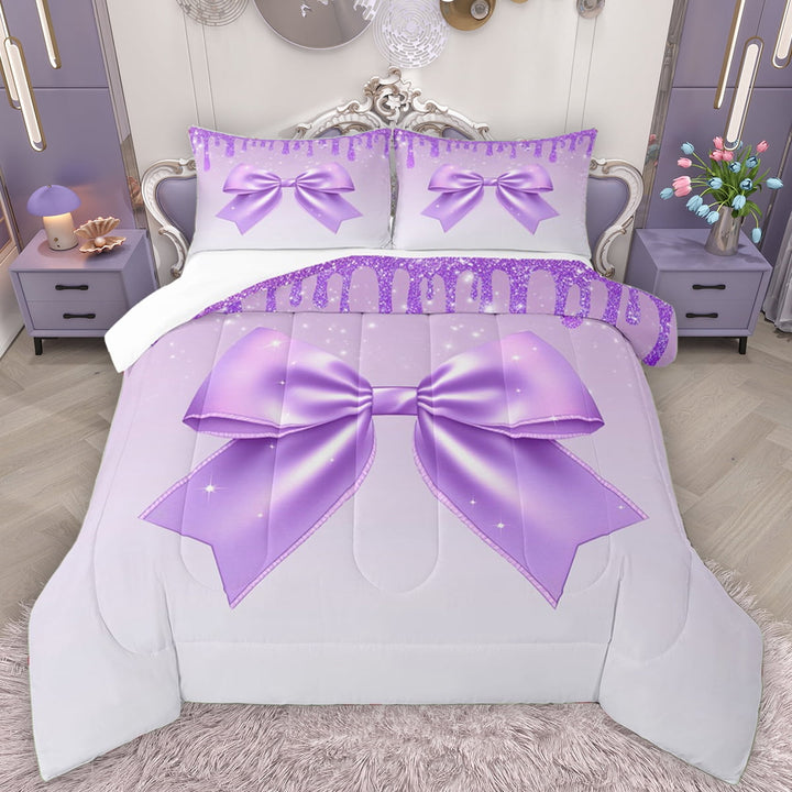 Manfei Purple Sequin Print Bedding Comforter Set, Fashion Glitter Bowknot Twin Comforter Sets, Dreamy Ribbon Bow Bedding Set, Microfiber Bedroom Decor, 2-Piece