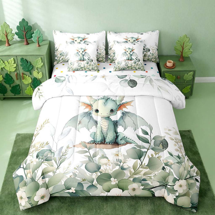 Kawaii Magic Animal Bed in a Bag 7-Piece Cute Dragon Bedding Set, Cartoon Wildlife Twin Comforter Set Green Leaf Bedding Comforter Sets, Spring Garden Bed Set Bedroom Decor