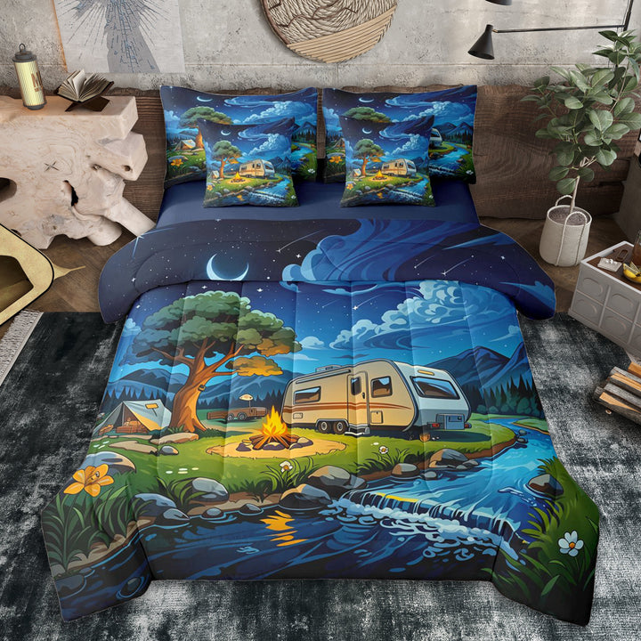 Erosebridal Cartoon Car Twin Bedding Sets 7-Piece for Kids,Girls Boys Happy Camping Bedding Comforter Set,Navy Blue Reversible,Breathable Home Decor