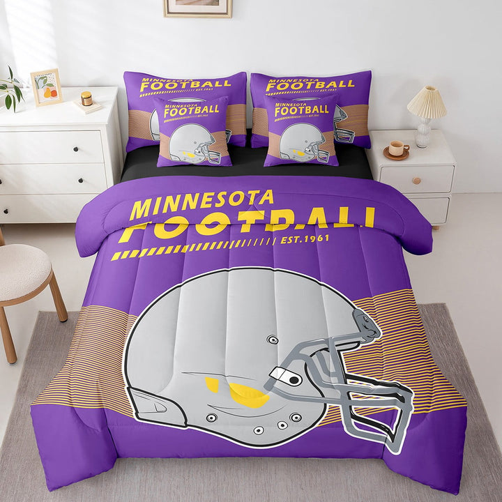 Erosebridal 7Pcs American Football Comforter Set Twin with Sheets Sports Game Comforter Set Bed-in-a-Bag, Minnesota(1 Comforter, 1 Flat Sheet 1 Fitted Sheet 2 Pillowcases 2 Throw Pillow Covers)