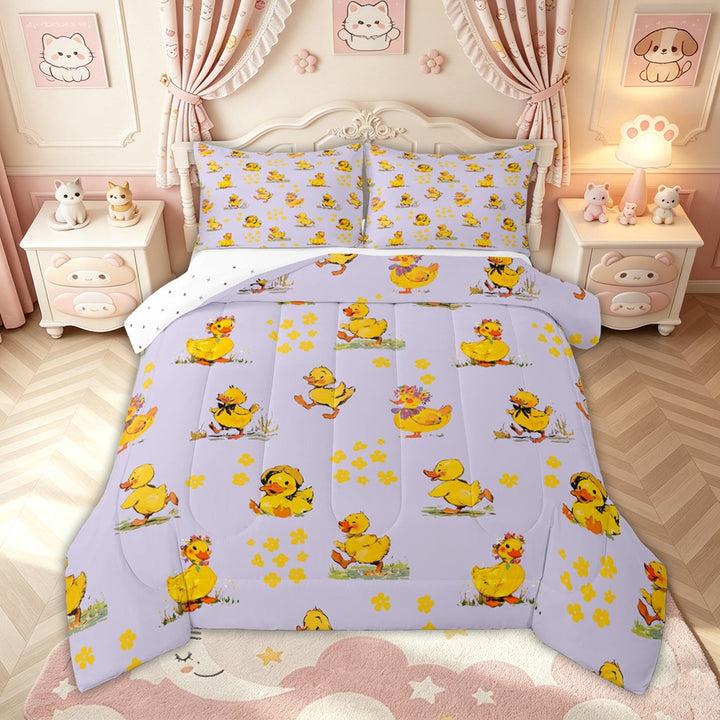 meiyoeat Adorable Duck Full Size Comforter Sets for Kids Girls, Watercolor Floral Bedding Comforter Set for Bedroom, Purple, Reversible, 3pcs