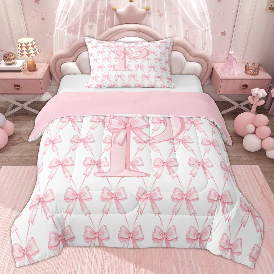 Erosebridal Kid Cartoon Initial P Twin Comforter Sets, Pink Princess Bow Bedding Set, 2-Piece