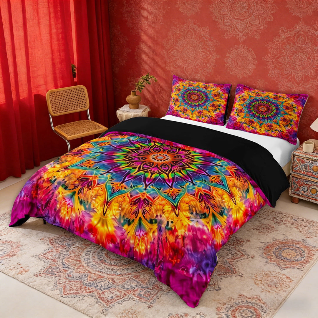 Erosebridal Boho Mandala Queen Duvet Cover Set, Bohemian Tie Dye Bedding, Orange Teal, Black Reversible 3 Pieces, 1 Duvet Cover and 2 Pillowcases (No Comforter)