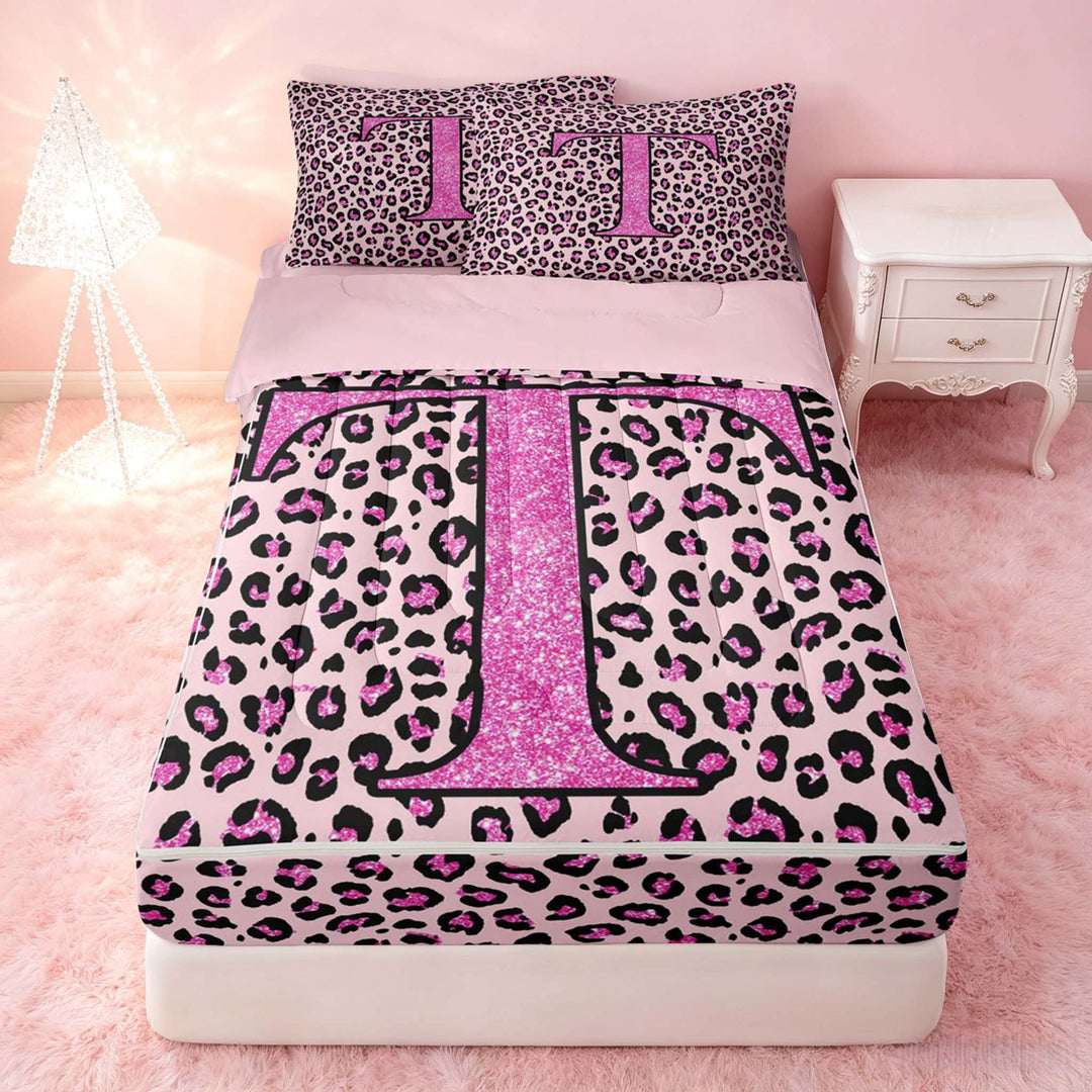 meiyoeat Glitter Leopard Print Letter T Zipper Twin Comforter Sets with Fitted Sheet and 2 Pillowcases, Girls Teens, Pink Sparkle Monogrammed Zipper Bedding Set, Pink Reversible