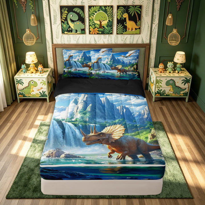 meiyoeat Waterfall Mountain Dinosaur Zipper Comforter Set with Fitted Sheet and 2 Pillowcases for Boys Girls Kids, Triceratops Nature Zipper Bedding Set, Blue, Black Reversible, 3pcs