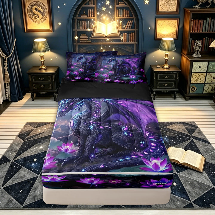 meiyoeat Mystic Purple Forest Dragon Zipper Comforter Set with Fitted Sheet and 2 Pillowcases for Men Women Kids, Glitter Print Lotus Zipper Bedding Set, Purple, Black Reversible, 3pcs