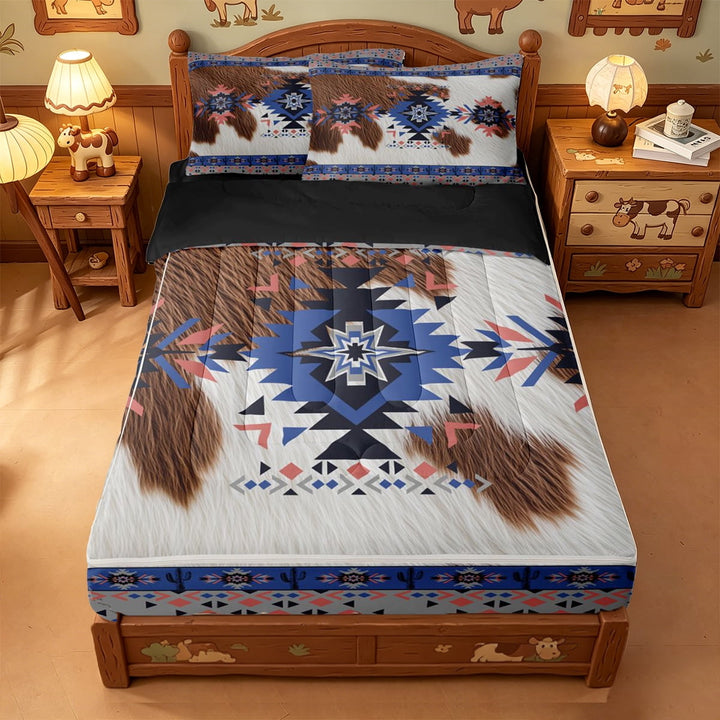 meiyoeat Boho Cowhide Zipper Full Size Comforter Sets with Fitted Sheet and 2 Pillowcases For Boys,Tribal Pattern Zipper Bedding Set,Black Reversible,4 Pieces
