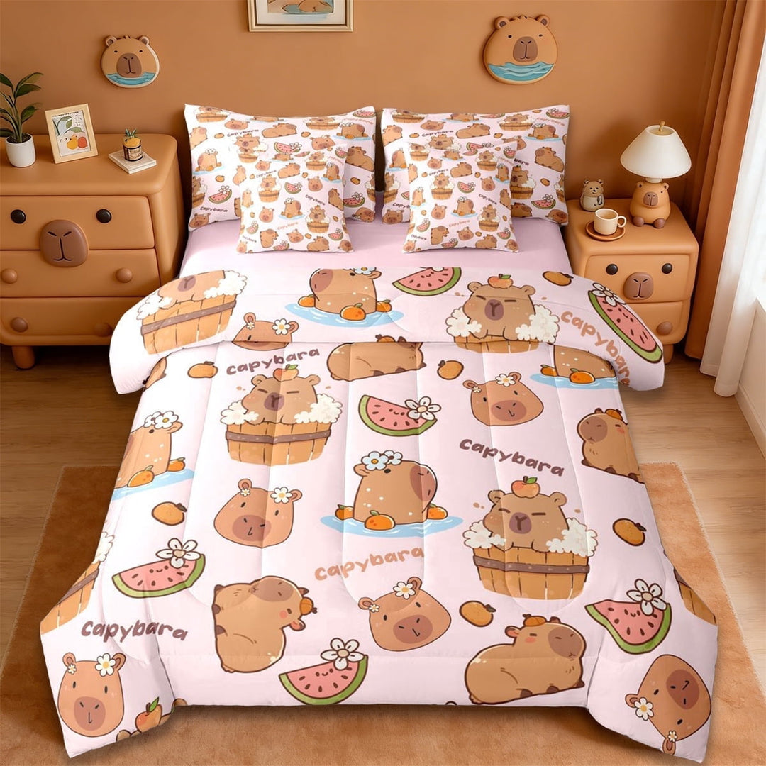 Erosebridal Cute Capybara 7-Piece Twin Bedding Sets,Brown Cartoon Animal Bedding Comforter Set For Capybara Lovers ,Reversible Pink