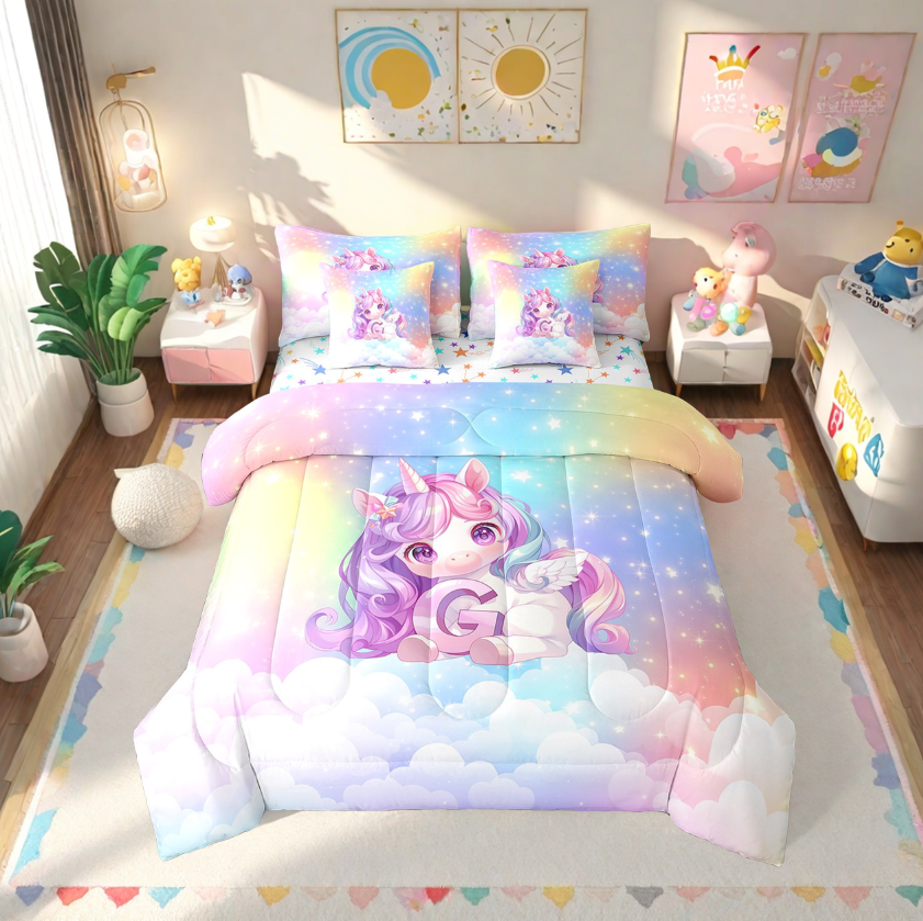 Erosebridal Cute Unicorn Bed In A Bag Twin Size, Initial Printed G Bed Set, Rainbow Galaxy Bedding Twin Size, Microfiber Bedroom Decorative,7 Pieces Reversible