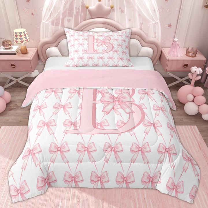 Erosebridal Pink Bowknot Girls Twin Comforter Sets, Initial B Letter Bedding Set, 2 Pieces