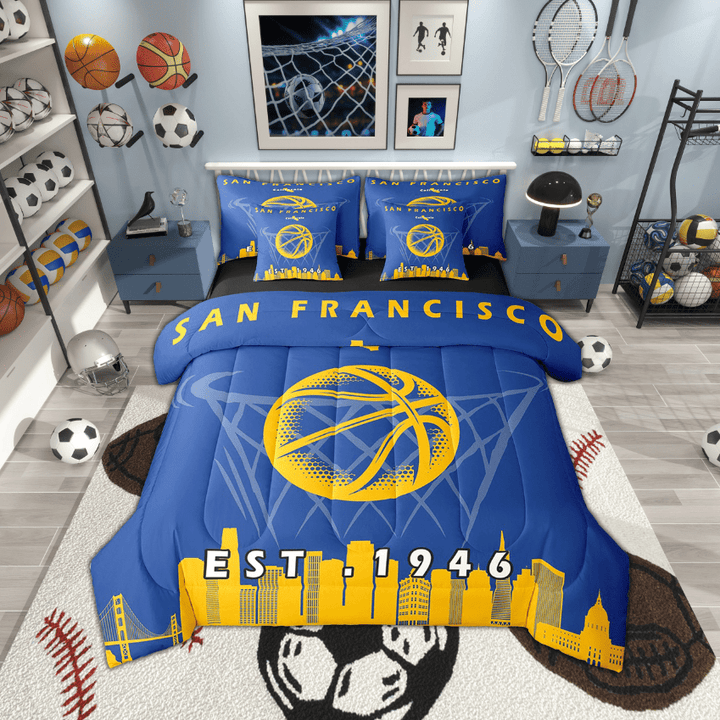 7 Pcs Comforter Set Twin Size,Basketball Bed in a Bag with Flat Sheet and Fitted Sheet and Adults,Sports Bedding Set with Pillowcase and Sham,San Francisco