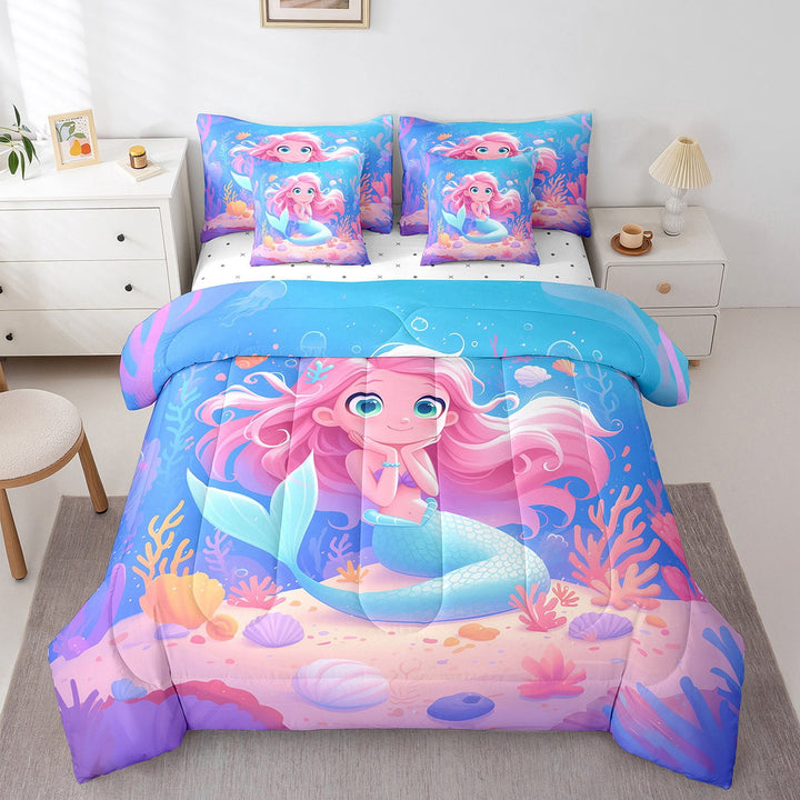 Mermaid Scales Bed in a Bag 7pcs Twin, Cute Cartoon Mermaid Bedding Ocean Themed Bed Sheets Set,Mermaid Princess Bedroom Decor Blue Gradient Bedding Comforter Sets