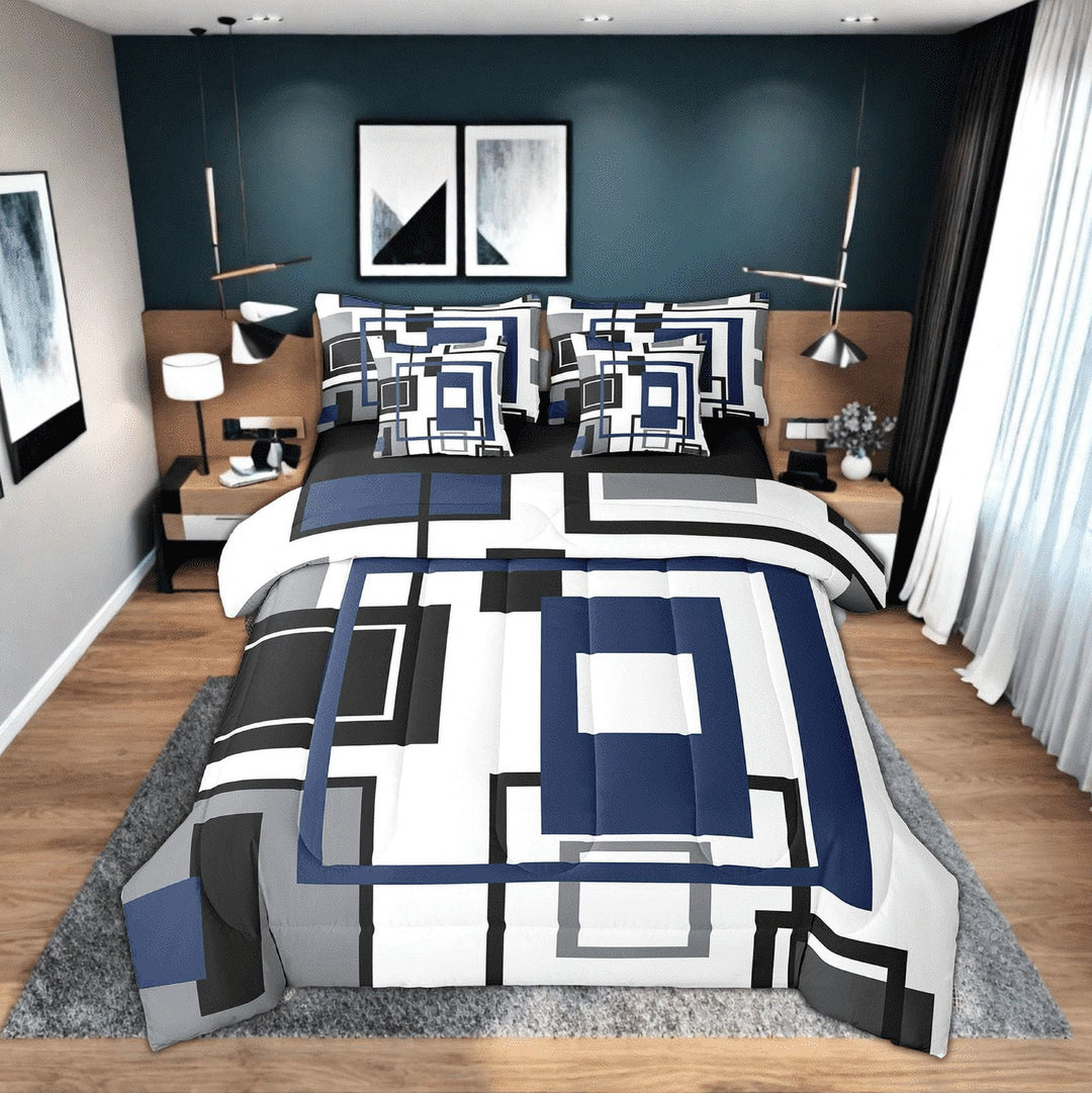 Erosebridal Navy Blue Square Comforter Set For Teen King Lack White Grey Geometric 7 Piece Bed In A Bag Geometry Striped Bedding Set Men,Abstract Line Grids Bed Set