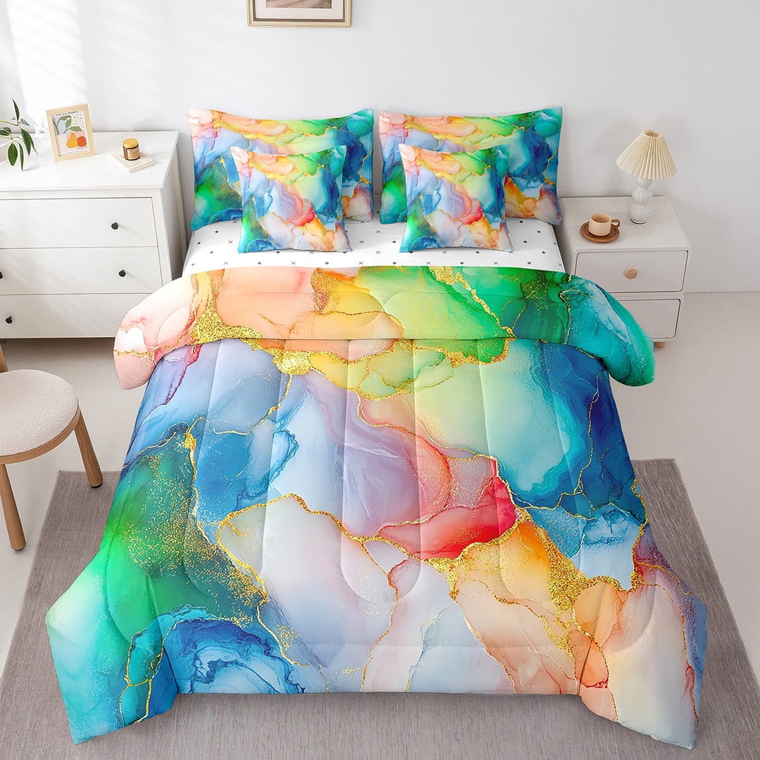 Watercolour Maple Comforter 7 Pieces Bed In A Bag Golden Glitter Sheet Set Colorful Artwork Stone Pattern Bedding Set Queen Size Modern Bed Set