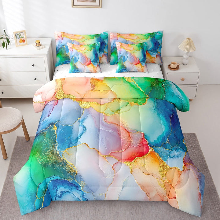 Watercolour Maple Comforter 7 Pieces Bed In A Bag Golden Glitter Sheet Set Colorful Artwork Stone Pattern Bedding Set Queen Size Modern Bed Set