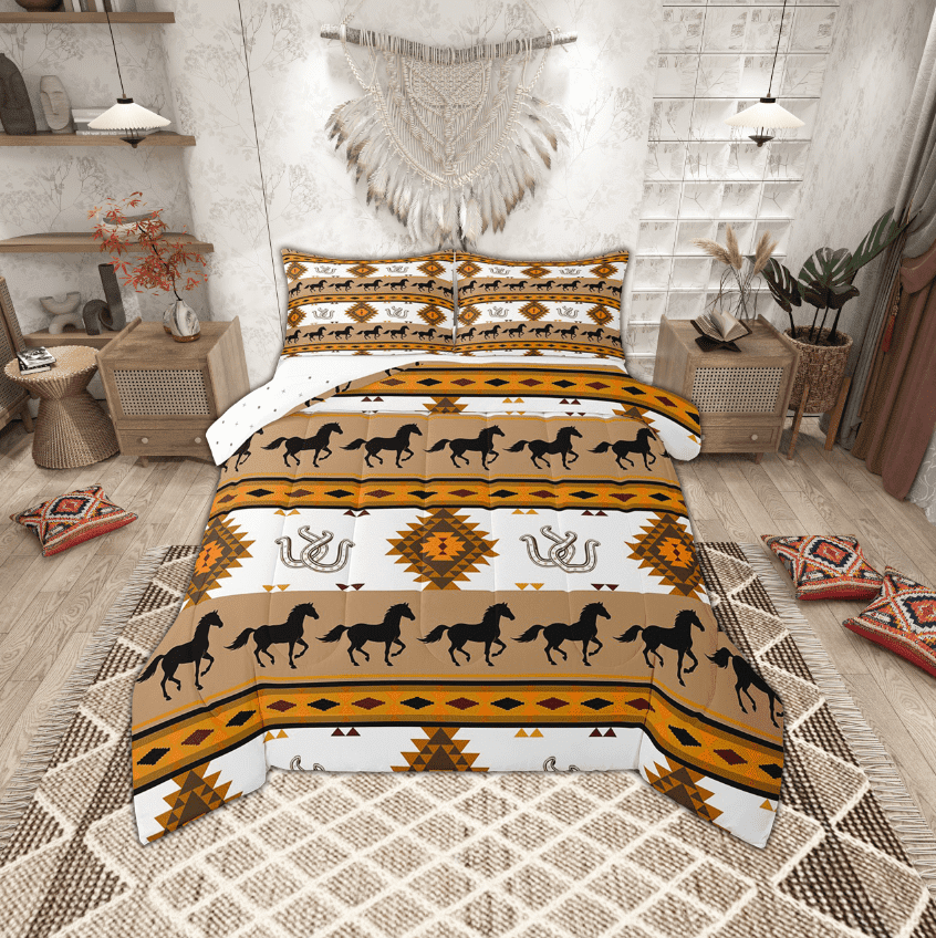 Erosebridal Rustic Farmhouse Horse Bedding Sets Twin with Comforter, Brown Aztec Duvet Insert, Lodge Cabin Bedroom Decor, Reversible 2 Pieces