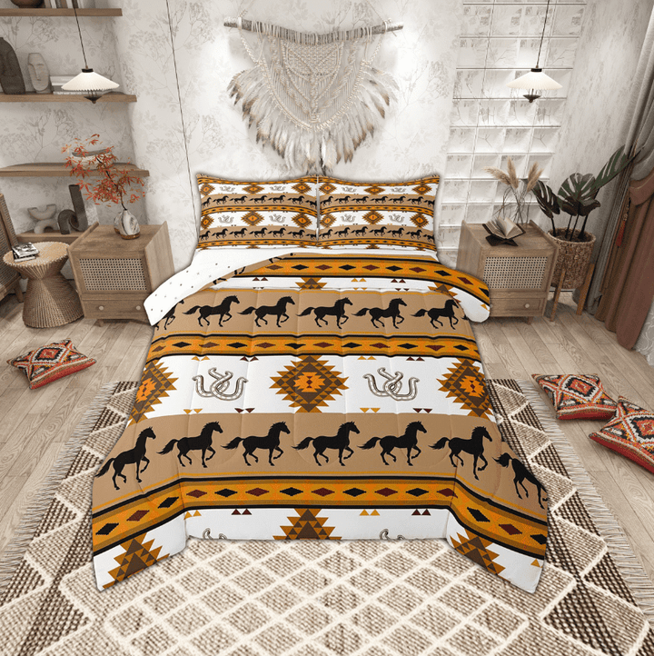 Erosebridal Rustic Farmhouse Horse Bedding Sets Twin with Comforter, Brown Aztec Duvet Insert, Lodge Cabin Bedroom Decor, Reversible 2 Pieces