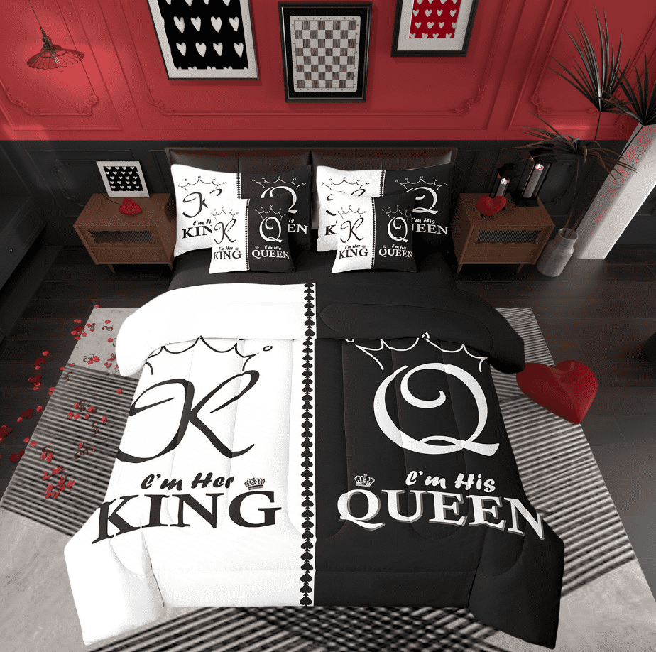 King And Queen Couple King Bedding Set 7 Piece For Men Women,Black White Crown Comforter Set With Sheets Mr Mrs His Her Bed In A Bag Romantic Valentine&