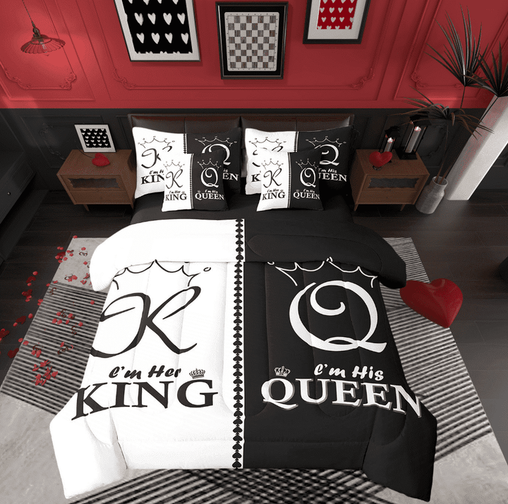 King And Queen Couple King Bedding Set 7 Piece For Men Women,Black White Crown Comforter Set With Sheets Mr Mrs His Her Bed In A Bag Romantic Valentine&