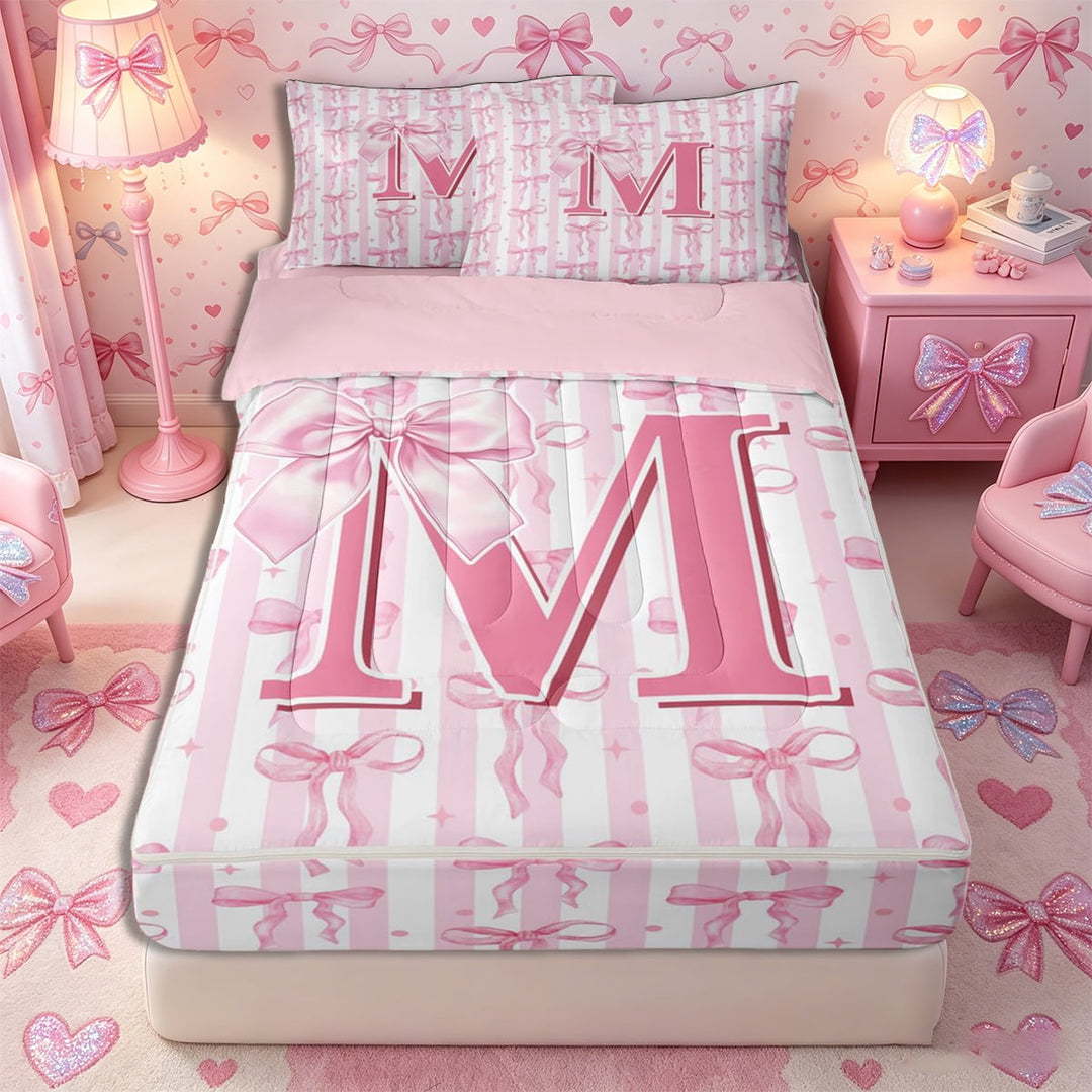 Meiyoeat Girly Bow Letter M Zipper Full Size Comforter Sets with Fitted Sheet and 2 Pillowcases for Girls Teens, Cute Stripe Zipper Bedding Set, Light Pink White,4pcs,Pink Reversible