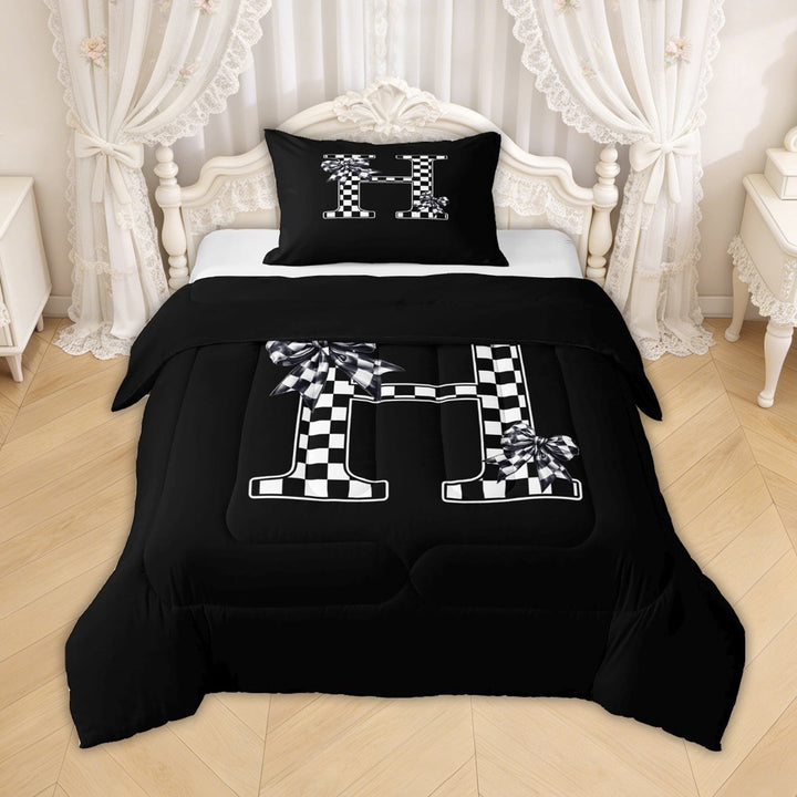 Erosebridal Checkered Bow Letter H Twin Comforter Sets for Girls, Black White Ribbon Bedding Set, Black Reversible, 2pcs