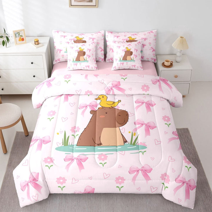 Erosebridal Cute Capybara Duck Twin Bedding Sets 7-Piece For Teens,Dreamy Bow Flowers Bedding Comforter Set For Kids Boy Girls,Pink Reversible