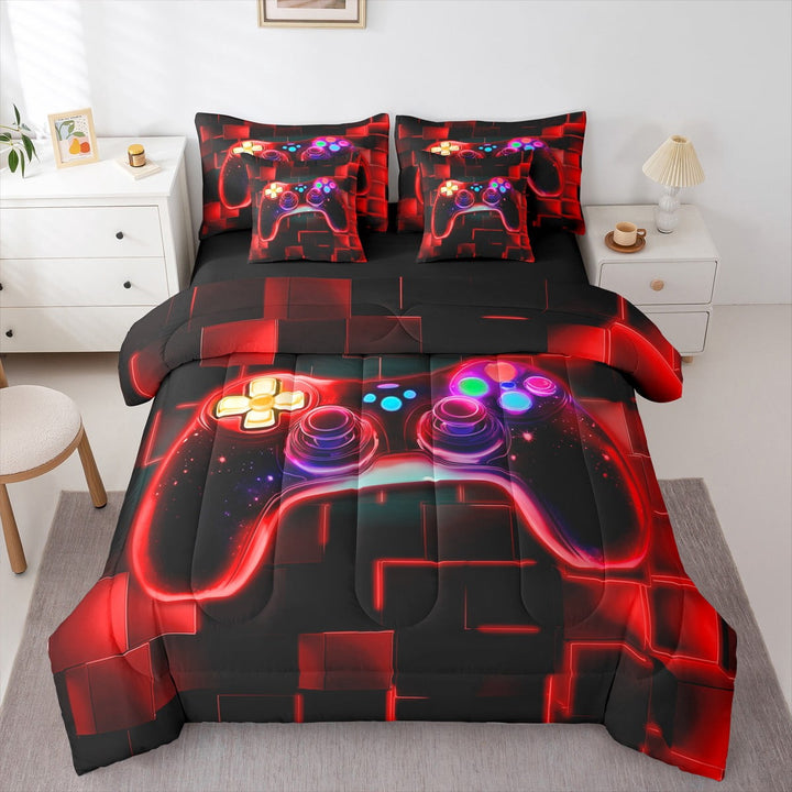 Erosebridal 7Pcs Gamer Comforter Set Full For Boys,Gaming Bedding Comforter Set,Video Games Controller Gamepad Bed In A Bag Neon Glowing Square Geometric Grid Red Bed Sets With Comforter And Sheets