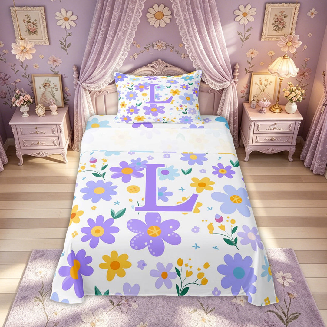 Meiyoeat Cute Floral Letter L Full Size Sheets for Girls Kids, Cartoon Daisy Groovy Bed Sheets, Purple, 4pcs