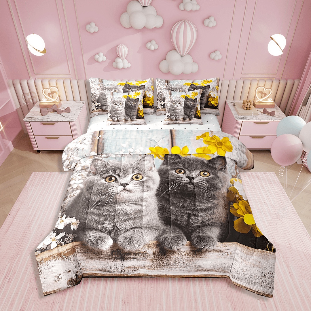 Grey Cat Bed in a Bag Queen Comforter Set 7 Piece,Lovely 3D Kitten Bedding Sets Flowers Sheet Set With Comforter,Cute Pet Animal Bed Set